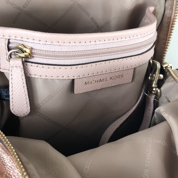 Michael Kors Backpack Women’s Bags Rose Gold MK Logo Print Foil Shimmer - Picture 14 of 17